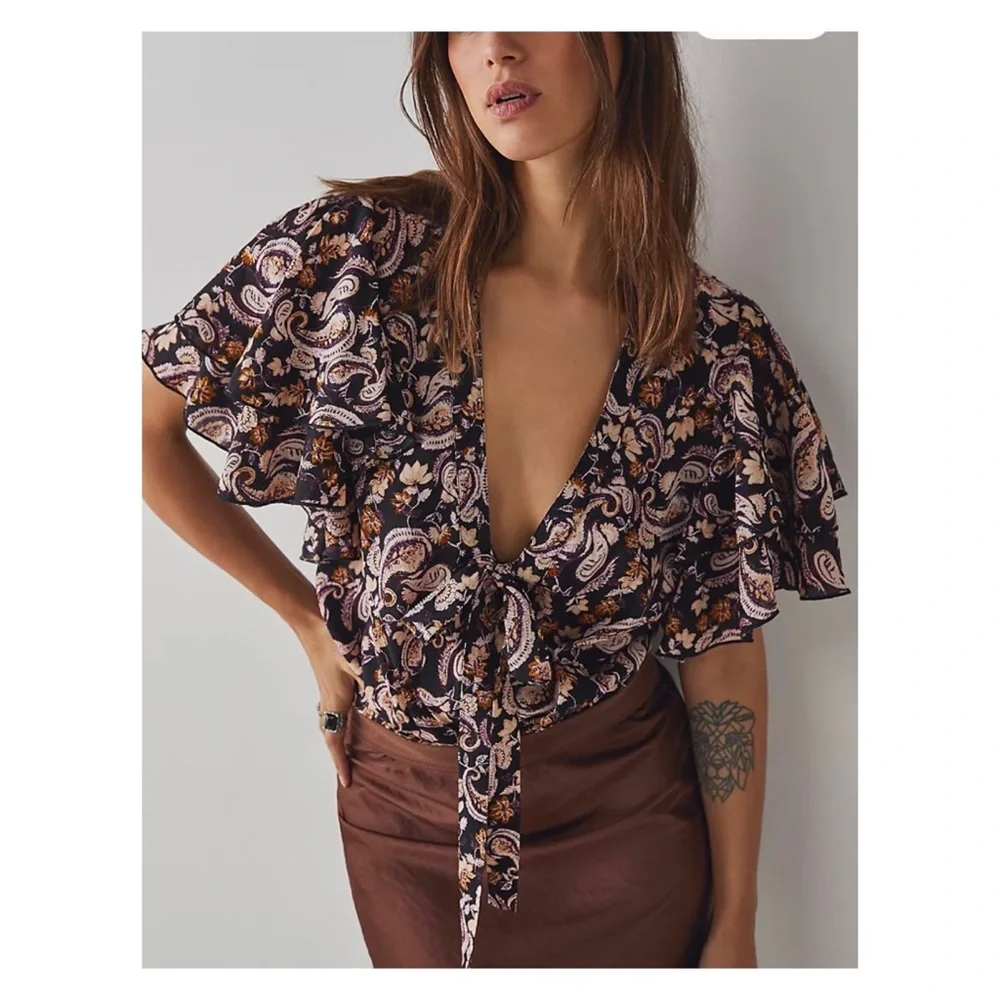 NWOT Free People Call Me Later Printed Bodysuit in Black Combo Size Small